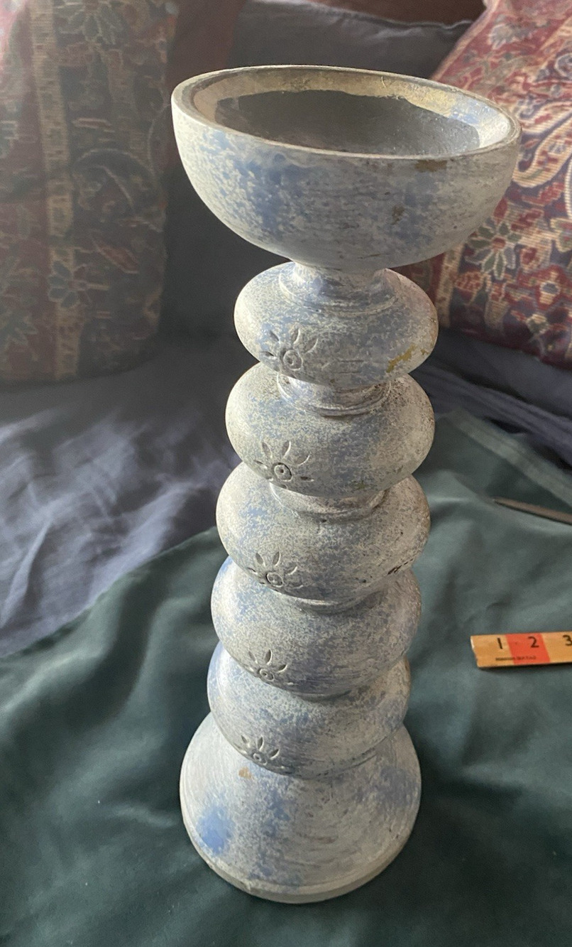 Vintage Blue and White Wooden Turned Candle Tower 14.5" T x 5.5" Dia
